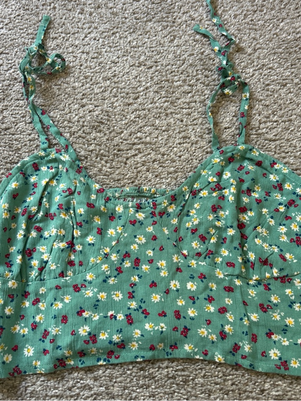 Floral Tie-Shoulder Crop Top - Green